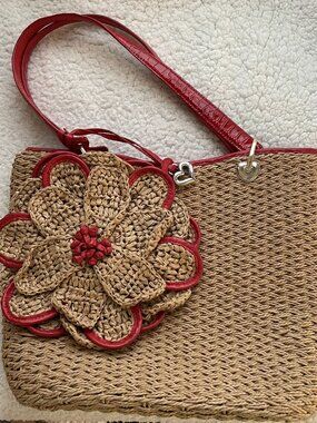 Brighton Woven Red Floral Straw Purse With Bandana Lining Magnetic Closure
